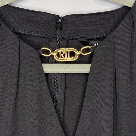 NWT Lauren Ralph Lauren Black with Gold Logo Bishop Sleeve Top Women's Size L - Picture 2 of 7